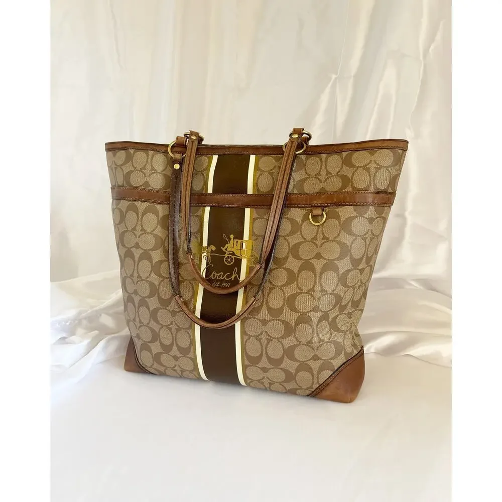 COACH Signature Heritage Stripe Tote Shoulder Bag Coated Canvas Leather - Picture 2 of 11